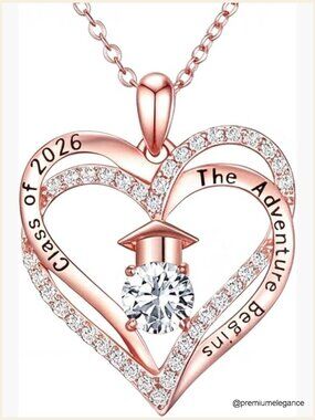 Graduation Cap Heart Pendant Necklace, 925 Sterling Silver, Cubic Zirconia